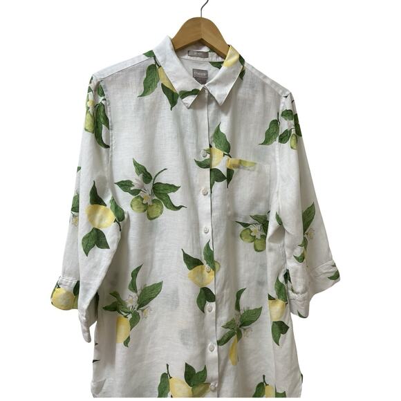 Chicos Womens 100% Linen 3/4 Sleeve Lemon Button Top Size XL White Beach Coastal - Picture 2 of 7